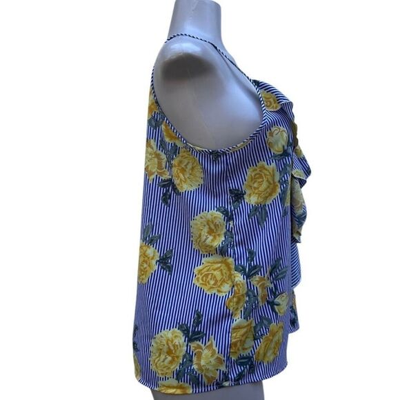 Time To Bloom Blouse Medium Blue Yellow Striped Floral Ruffle Spaghetti Strap - Picture 7 of 16